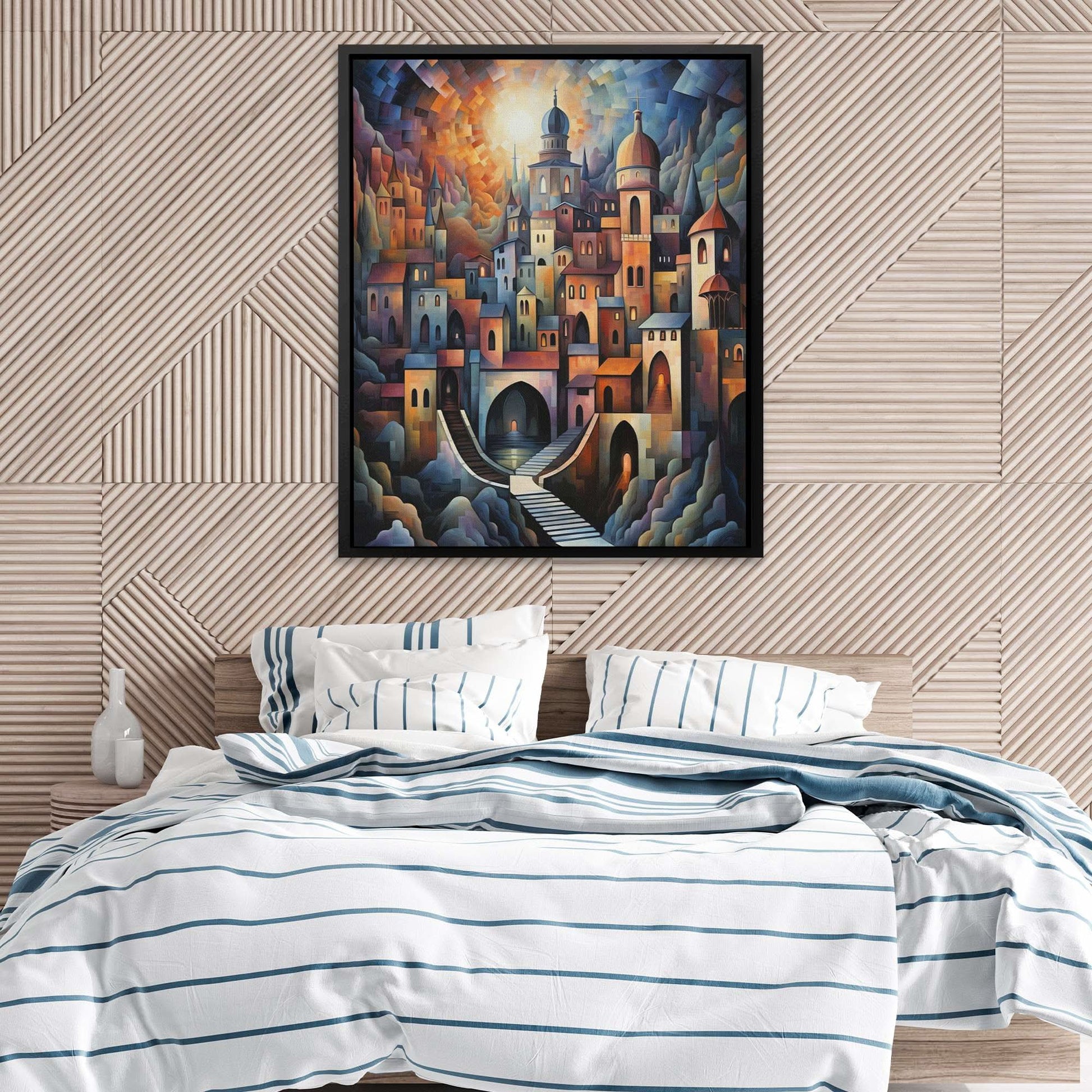 Geometric Cityscape - Cubism Wall Art in Black Frame