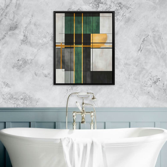 Geometric Gold and Green - Abstract Wall Art in Black Frame