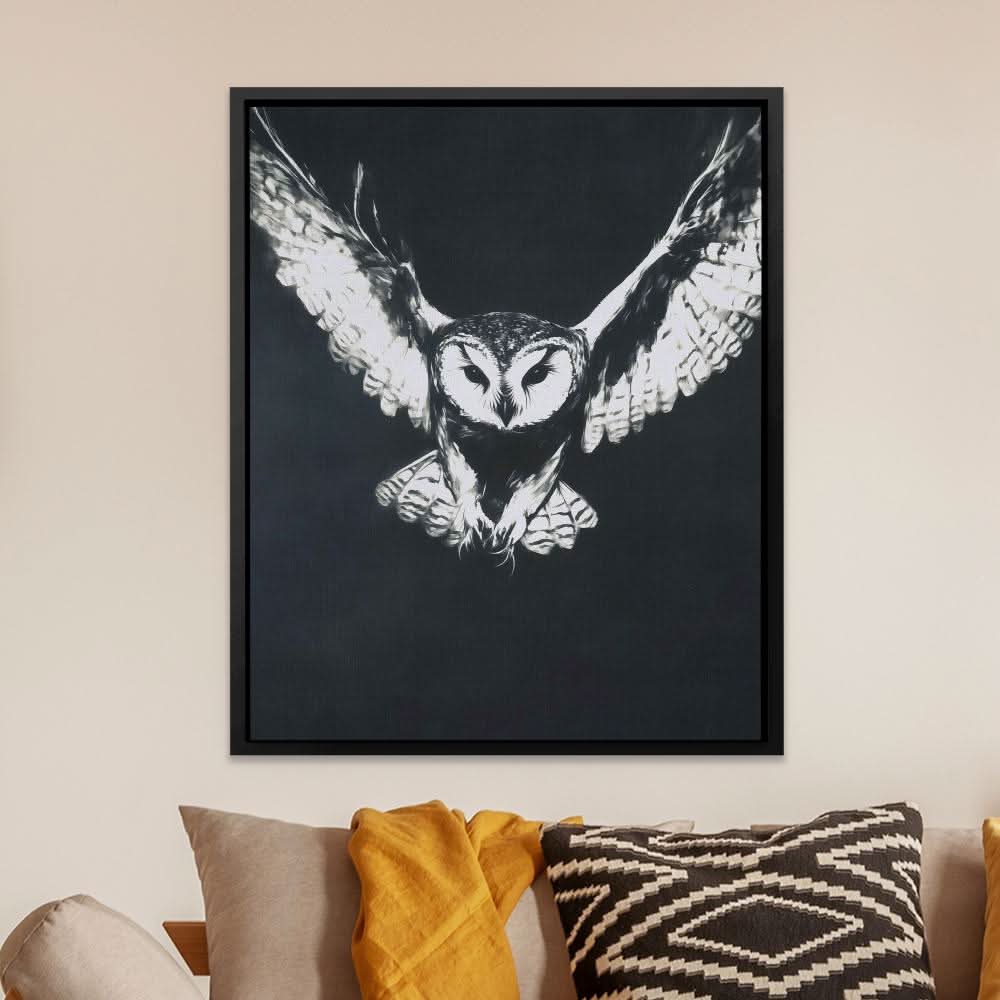 Ghostly Barn Owl - Black and White Wall Art in Black Frame