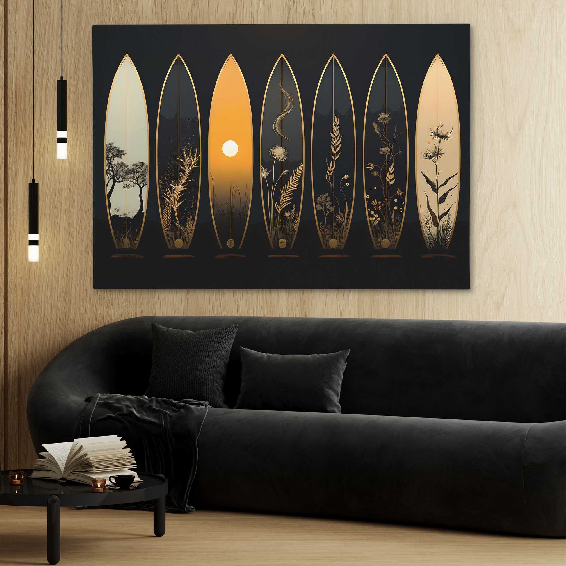 Gilded Rides - Surfboard Wall Art in Black Frame