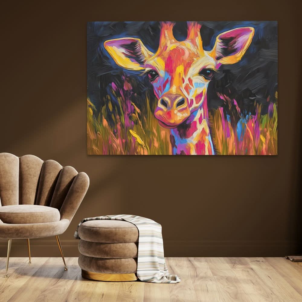 Giraffe at Night - Colorful Canvas Wall Art