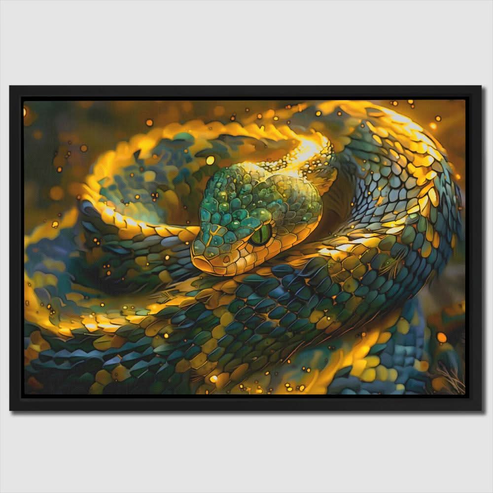 Glowing Gold Snake - Emerald Wall Art in Black Frame
