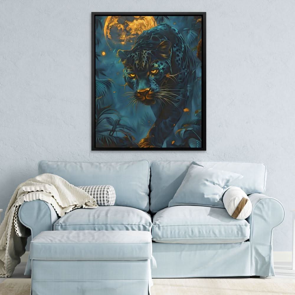 Glowing Moon Cat - Big Cat Wall Art in Black Frame