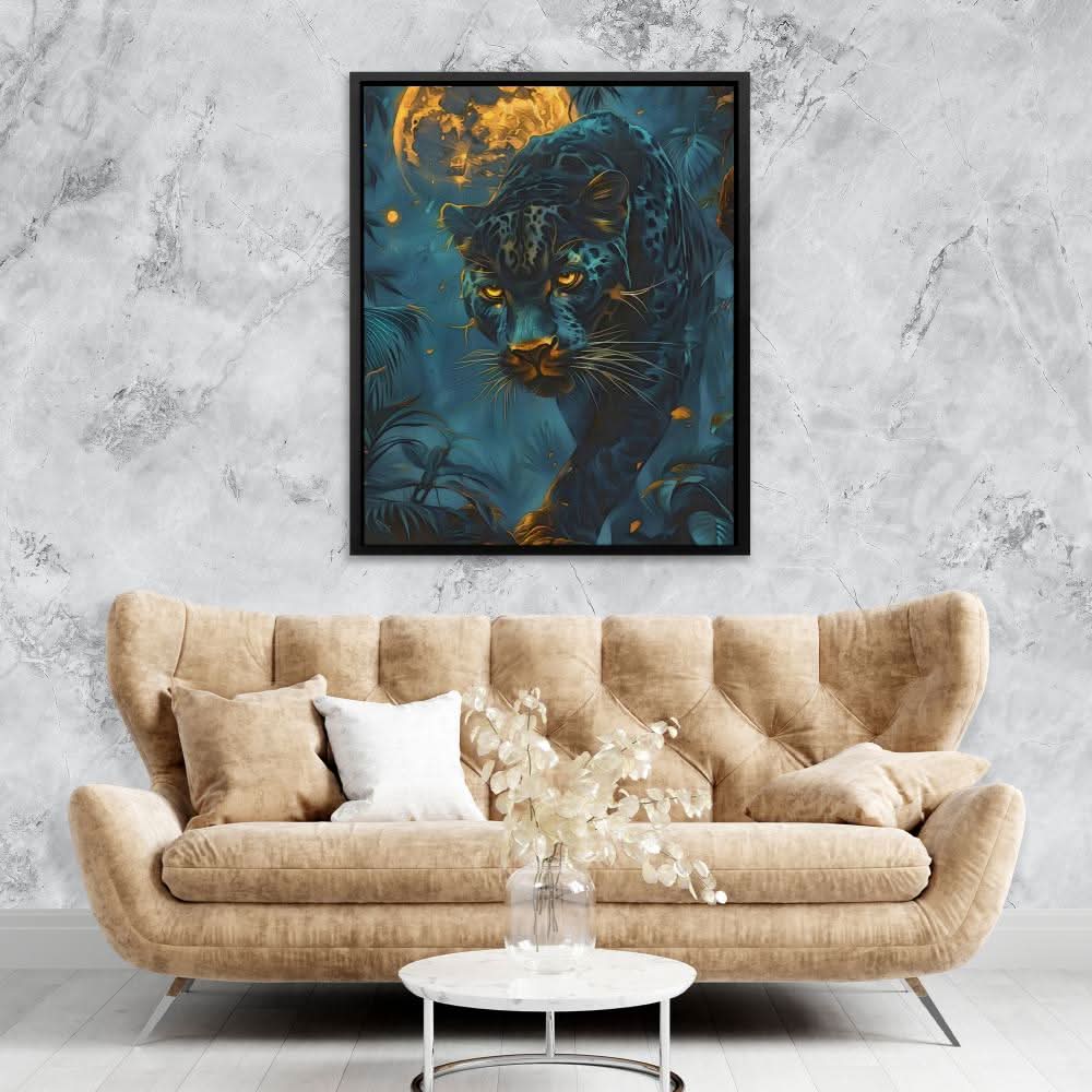 Glowing Moon Cat - Blue Wall Art for Living Room