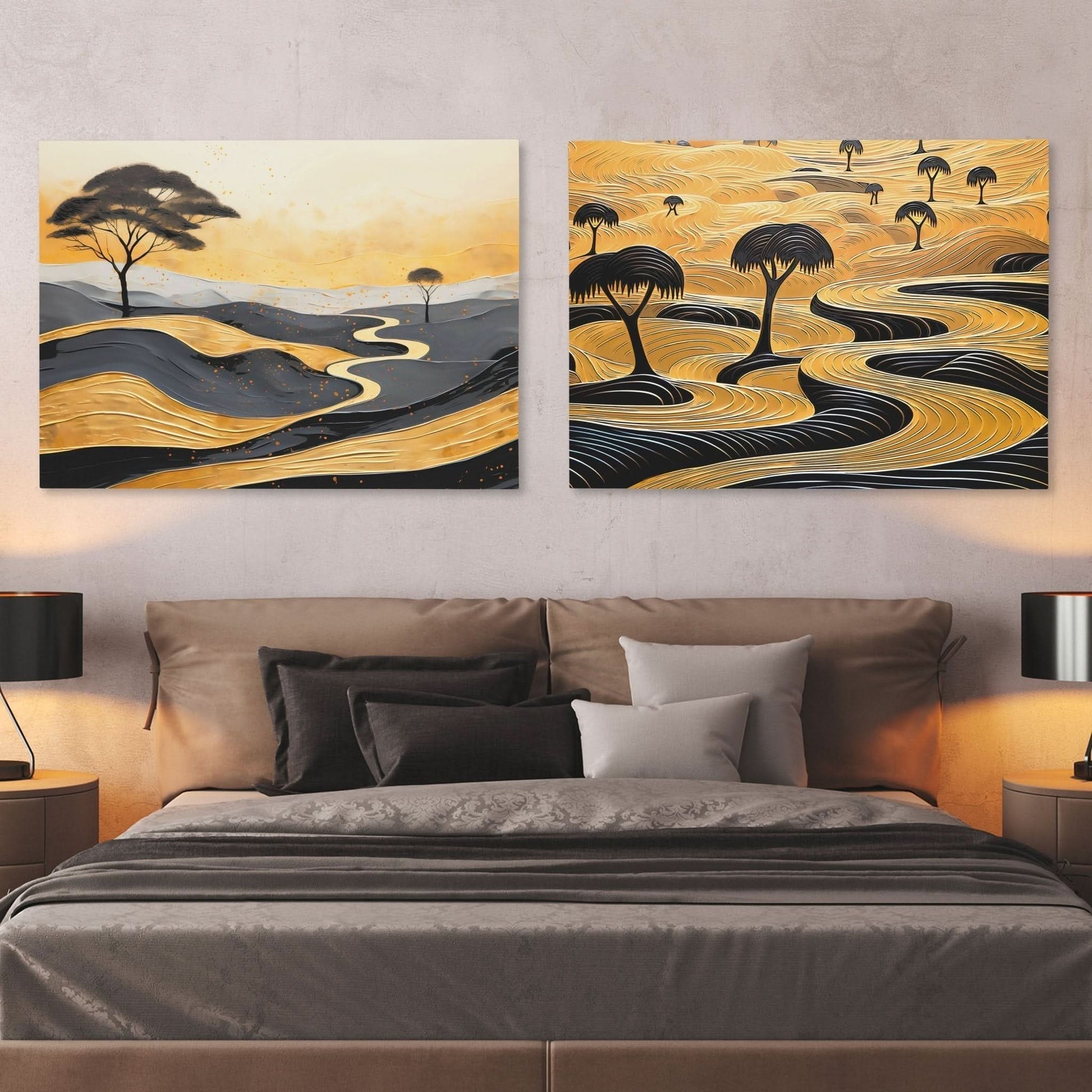 Gold African Landscape (2) Set - Black and Gold Wall Art for Living Room