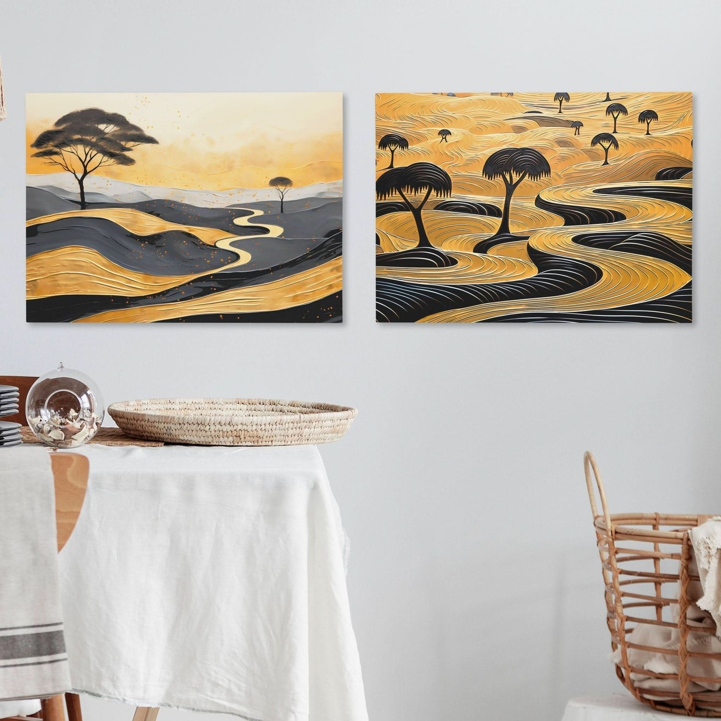 Gold African Landscape (2) Set - Africa Art for Hallway