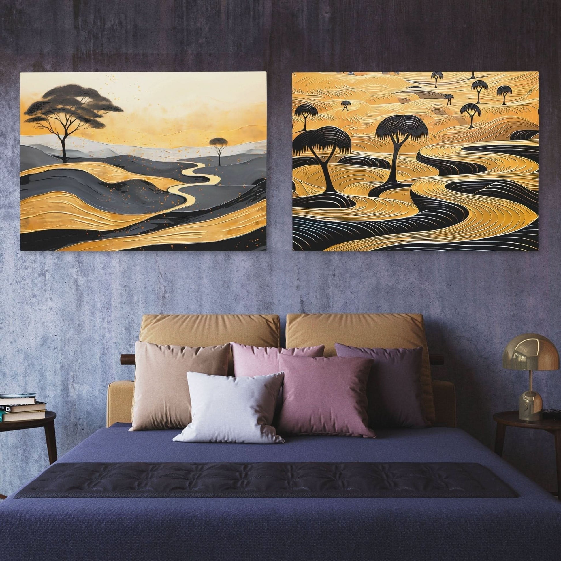 Gold African Landscape (2) Set - Black and Gold Canvas Print