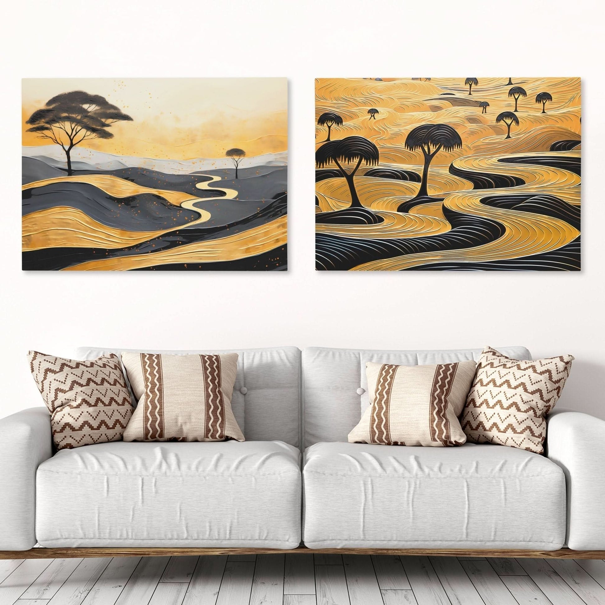 Gold African Landscape (2) Set - Africa Wall Art in Black Frame