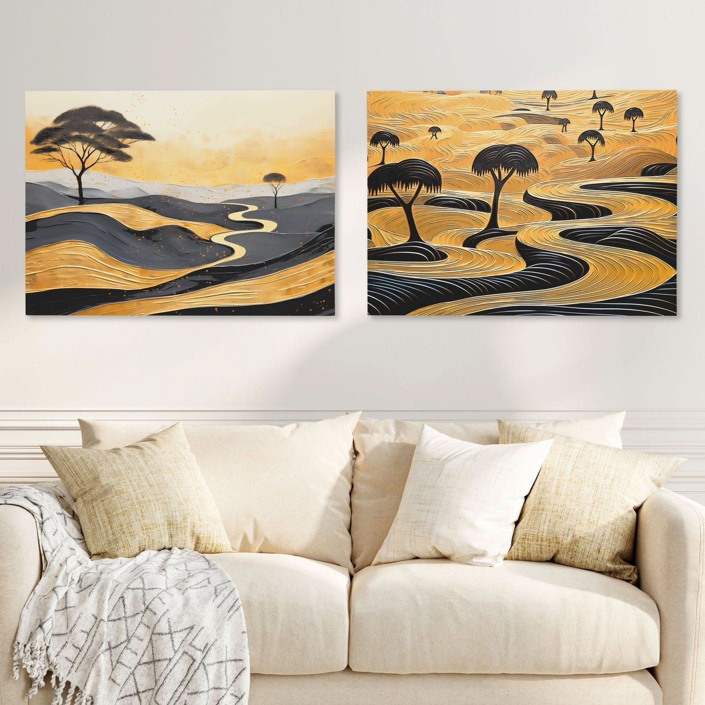 Gold African Landscape (2) Set - Large Abstract Canvas Print