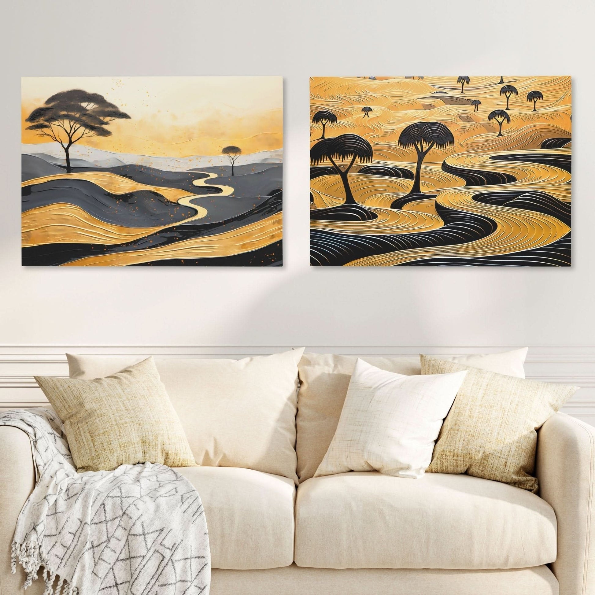Gold African Landscape (2) Set - Large Abstract Canvas Print