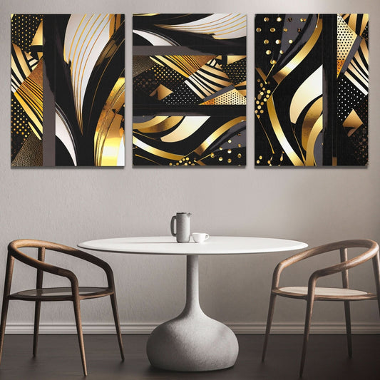 Gold and Black Abstracts (3) Set - Abstract Wall Art in Black Frame