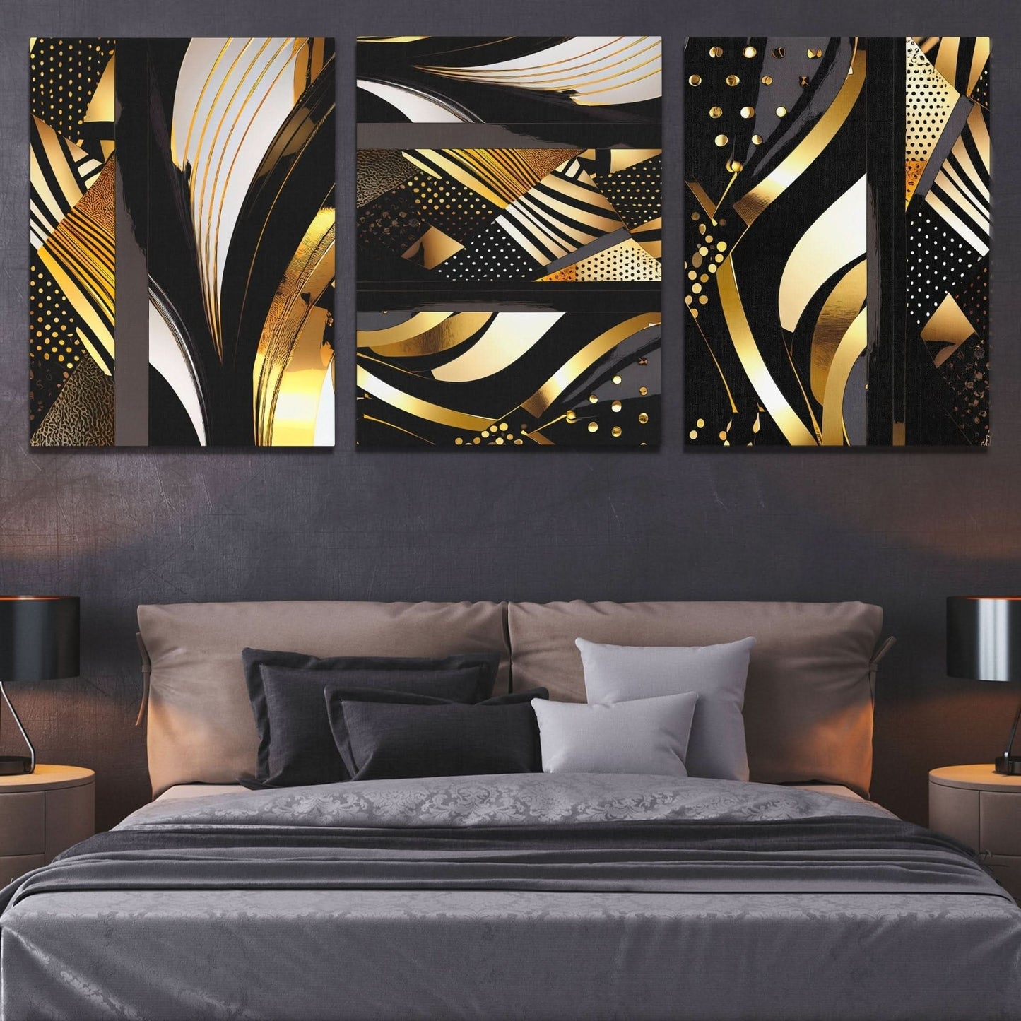 Gold and Black Abstracts (3) Set - Black and Gold Canvas Print