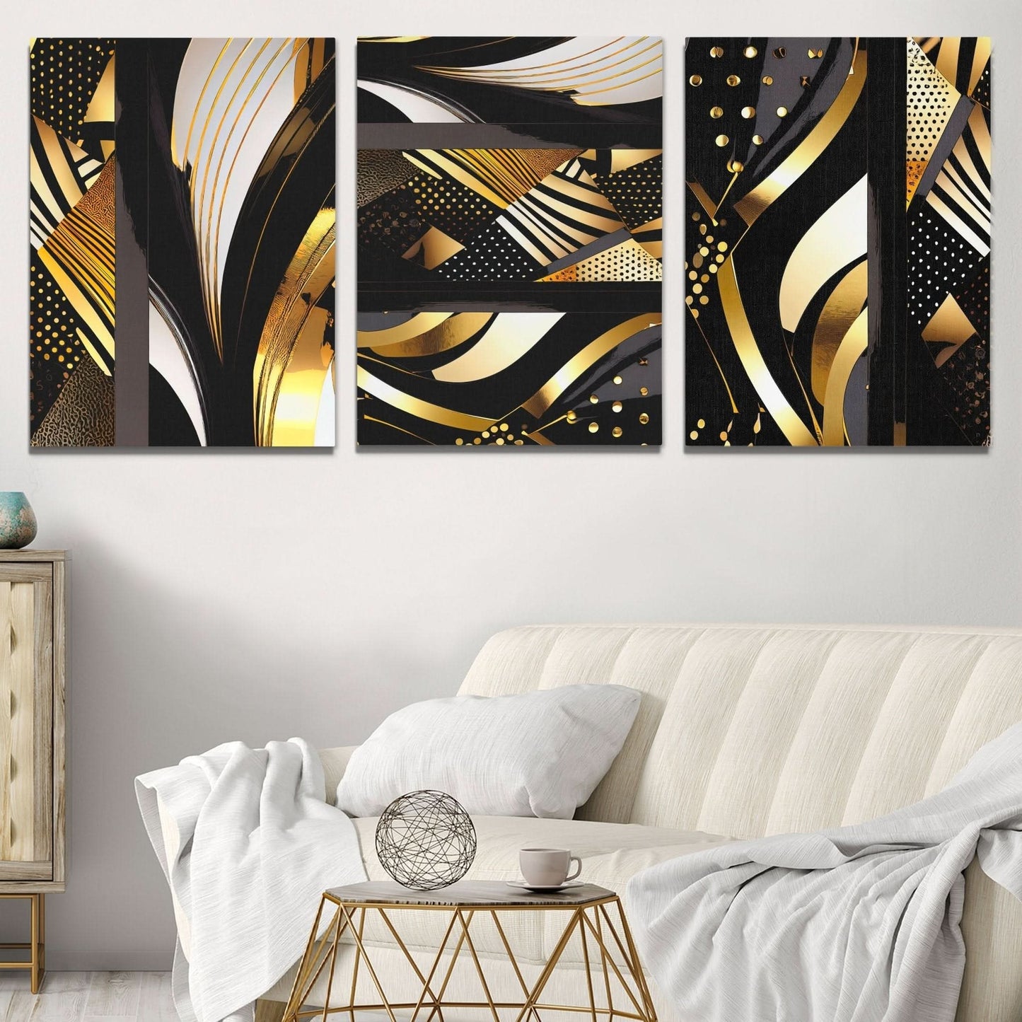 Gold and Black Abstracts (3) Set - Abstract Wall Art Print