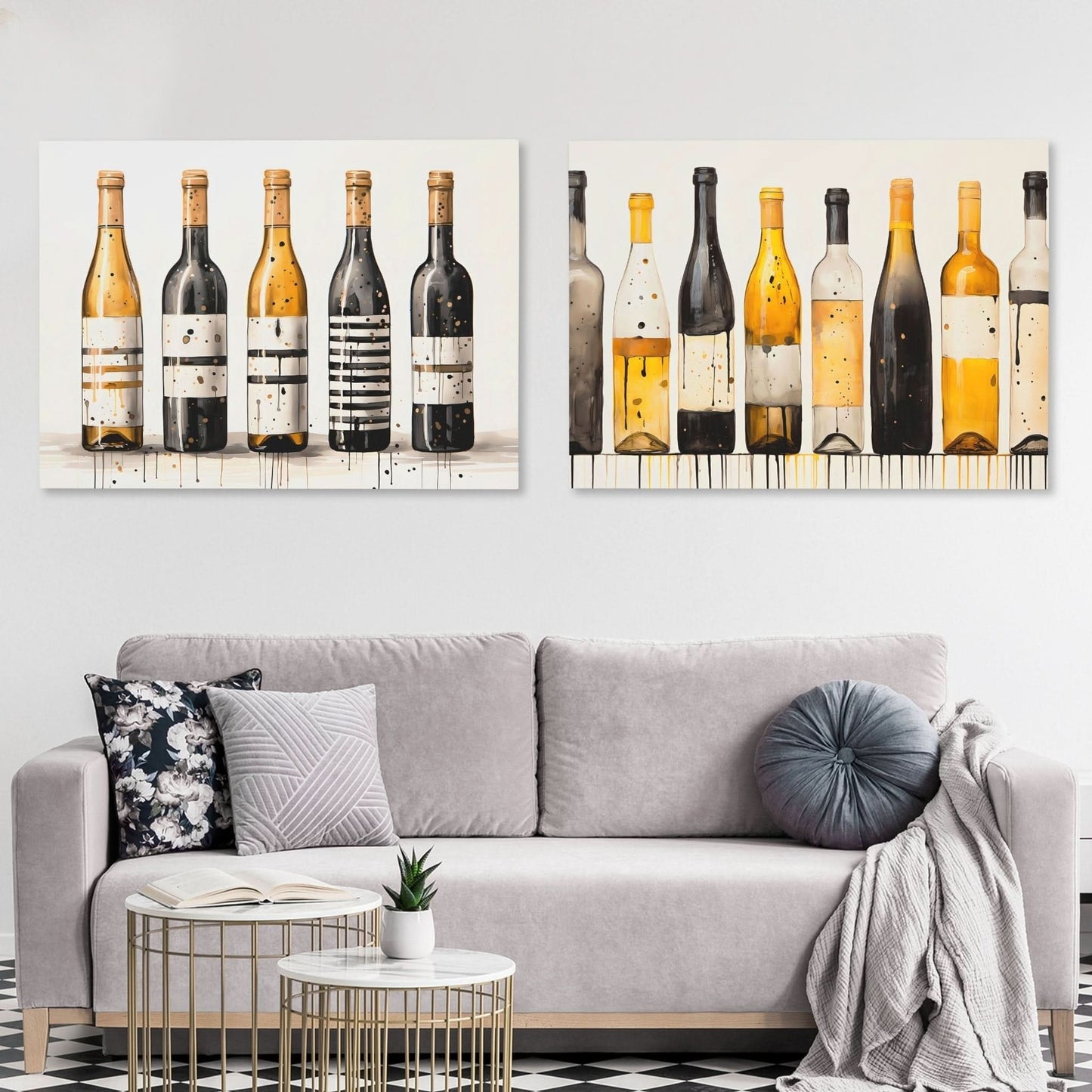 Gold and Black Wine Bottles (2) Set - Black and Gold Canvas Wall Art