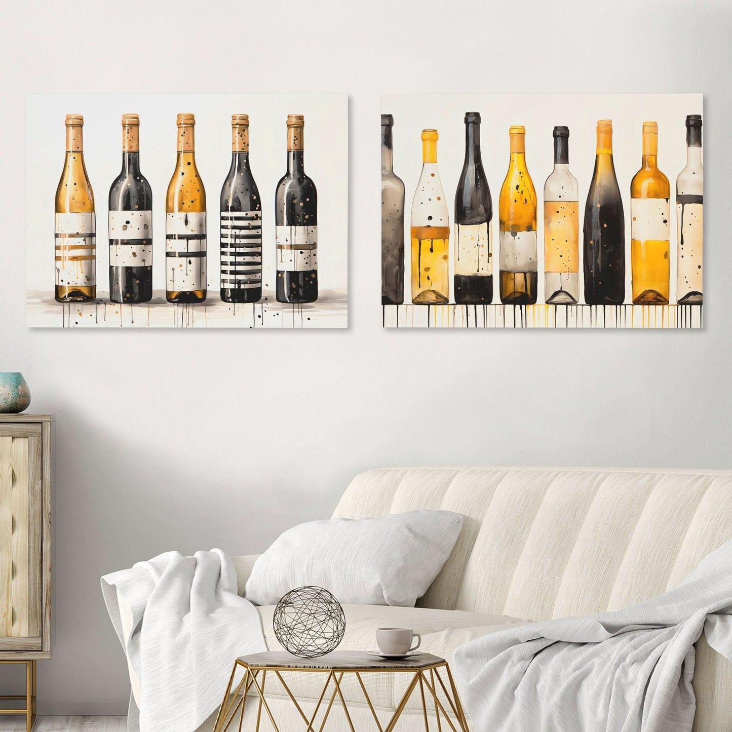 Gold and Black Wine Bottles (2) Set - Alcohol Art for Bar