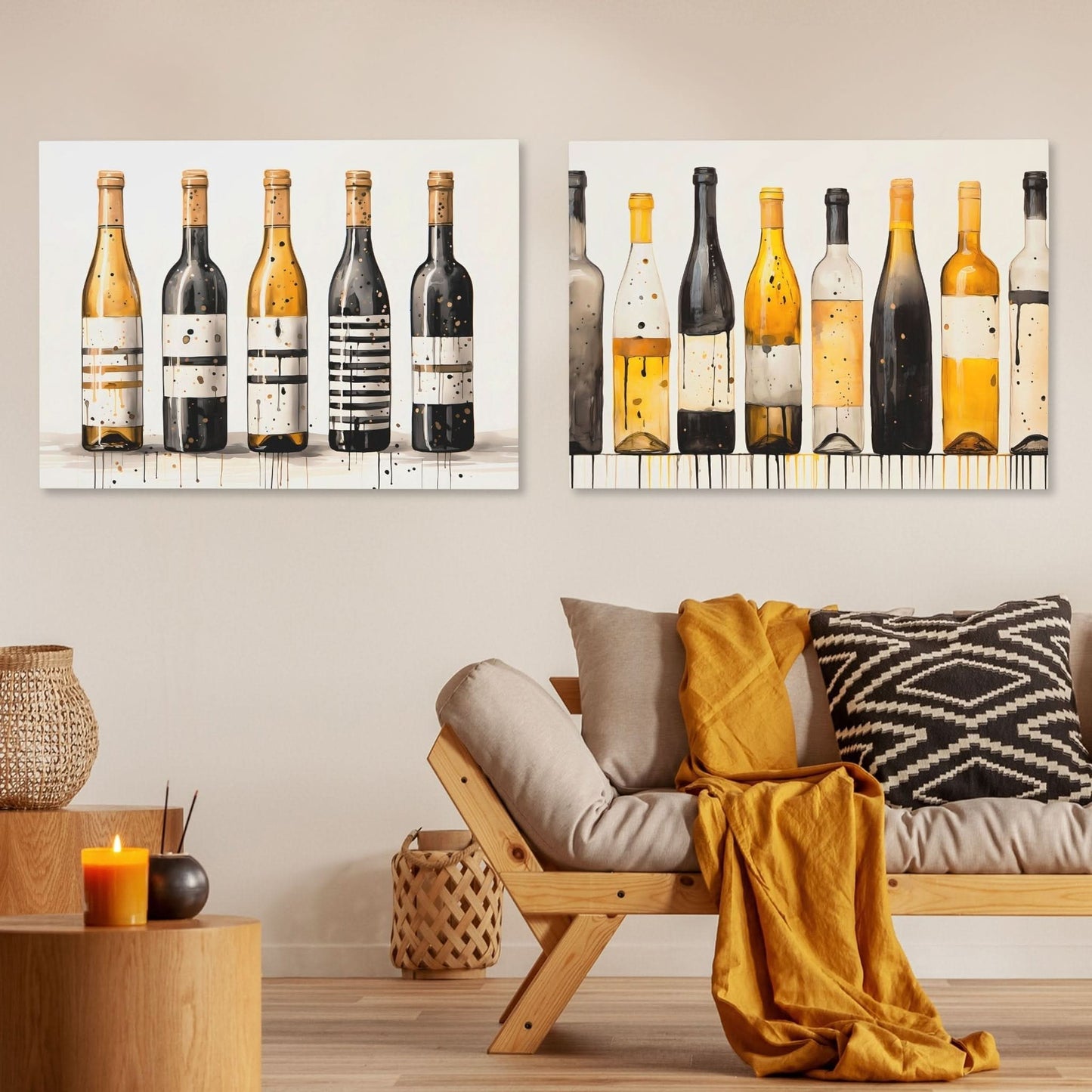 Gold and Black Wine Bottles (2) Set - Black and Gold Wine Canvas Print