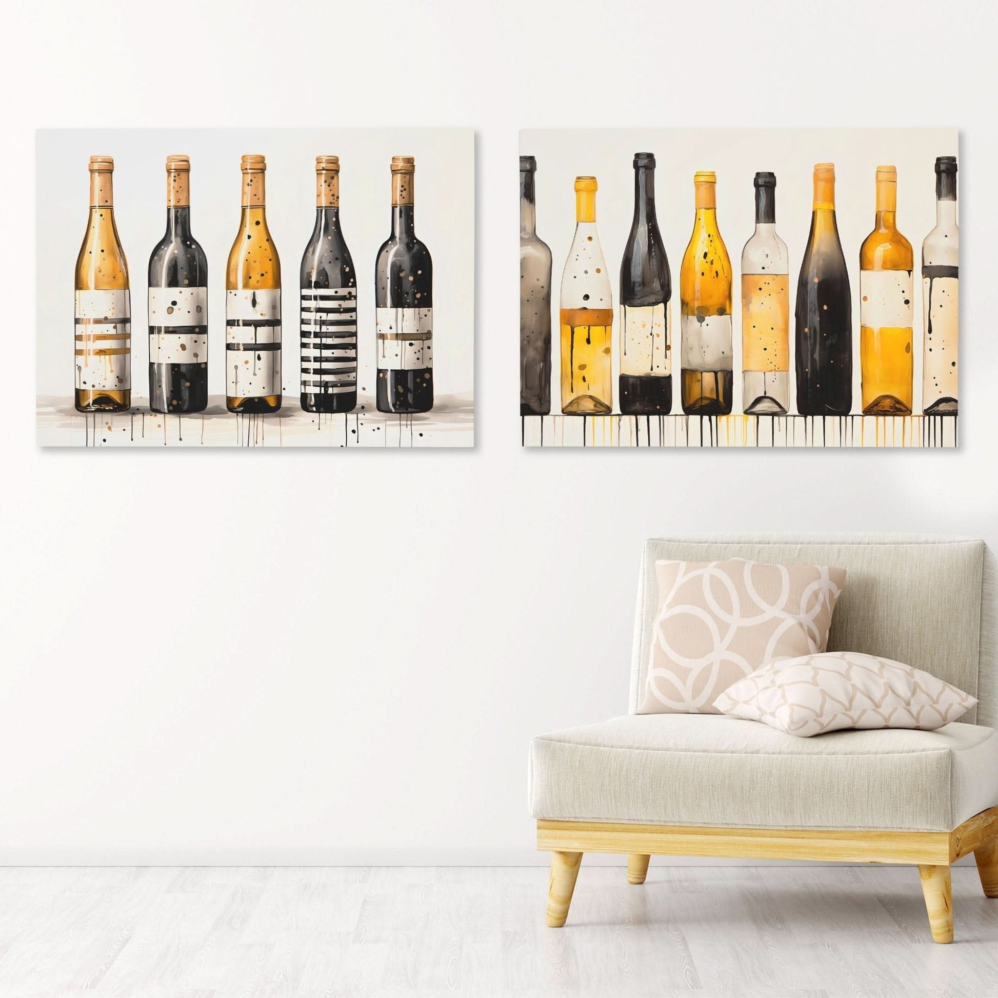 Gold and Black Wine Bottles (2) Set - Wine Wall Art in Black Frame