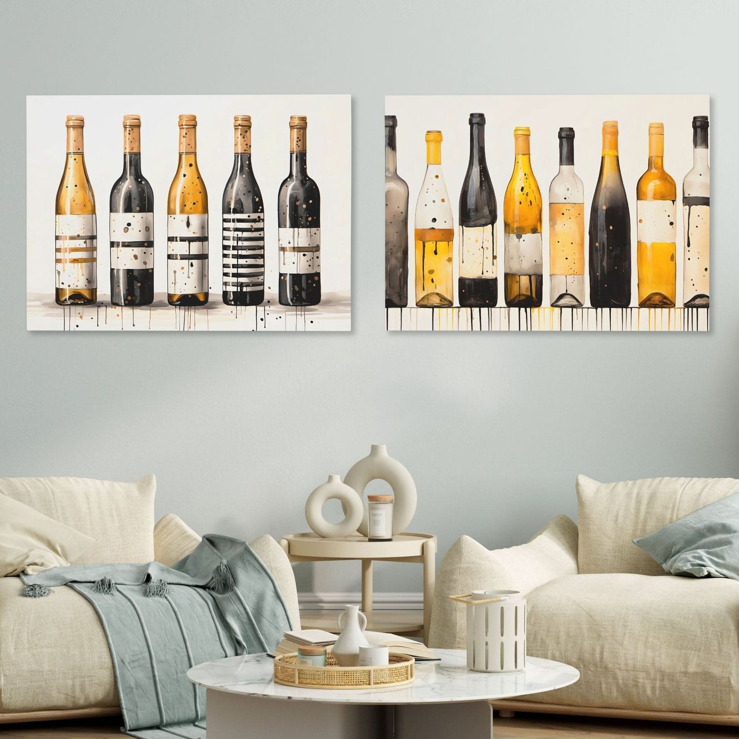 Gold and Black Wine Bottles (2) Set - Large Canvas Print