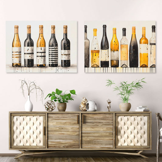 Gold and Black Wine Bottles (2) Set - Wall Art in Black Frame