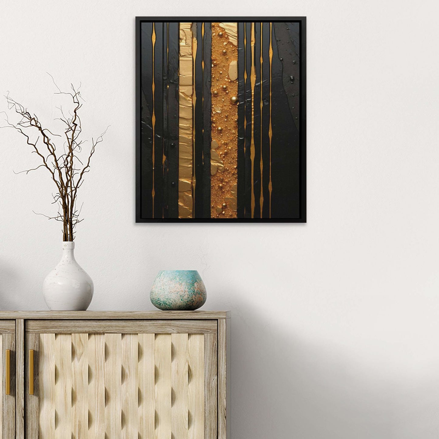 Gold Beam - Abstract Wall Art in Black Frame
