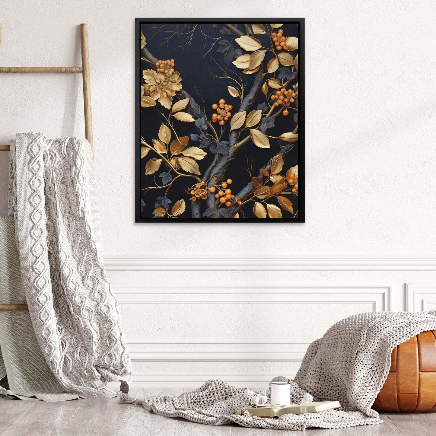 Gold Berries - Black Wall Art for Lounge