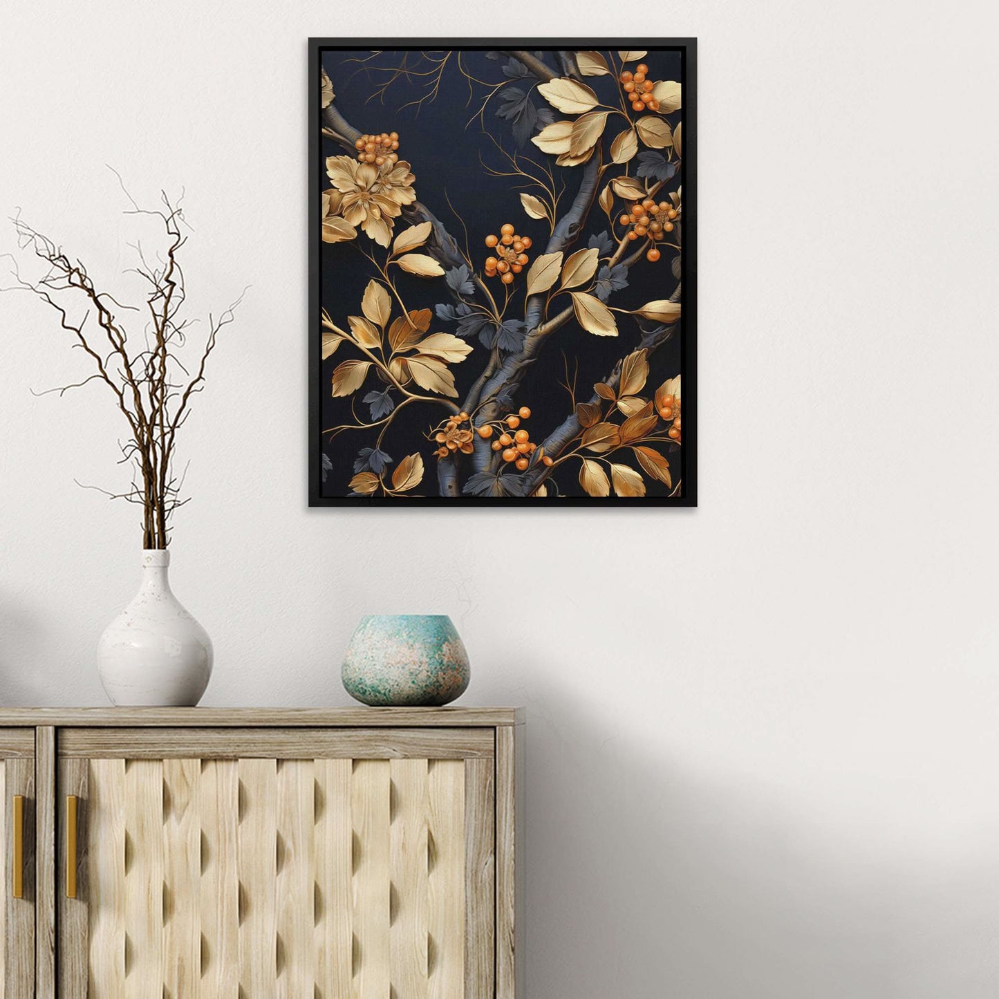 Gold Berries - Black Vertical Canvas Print