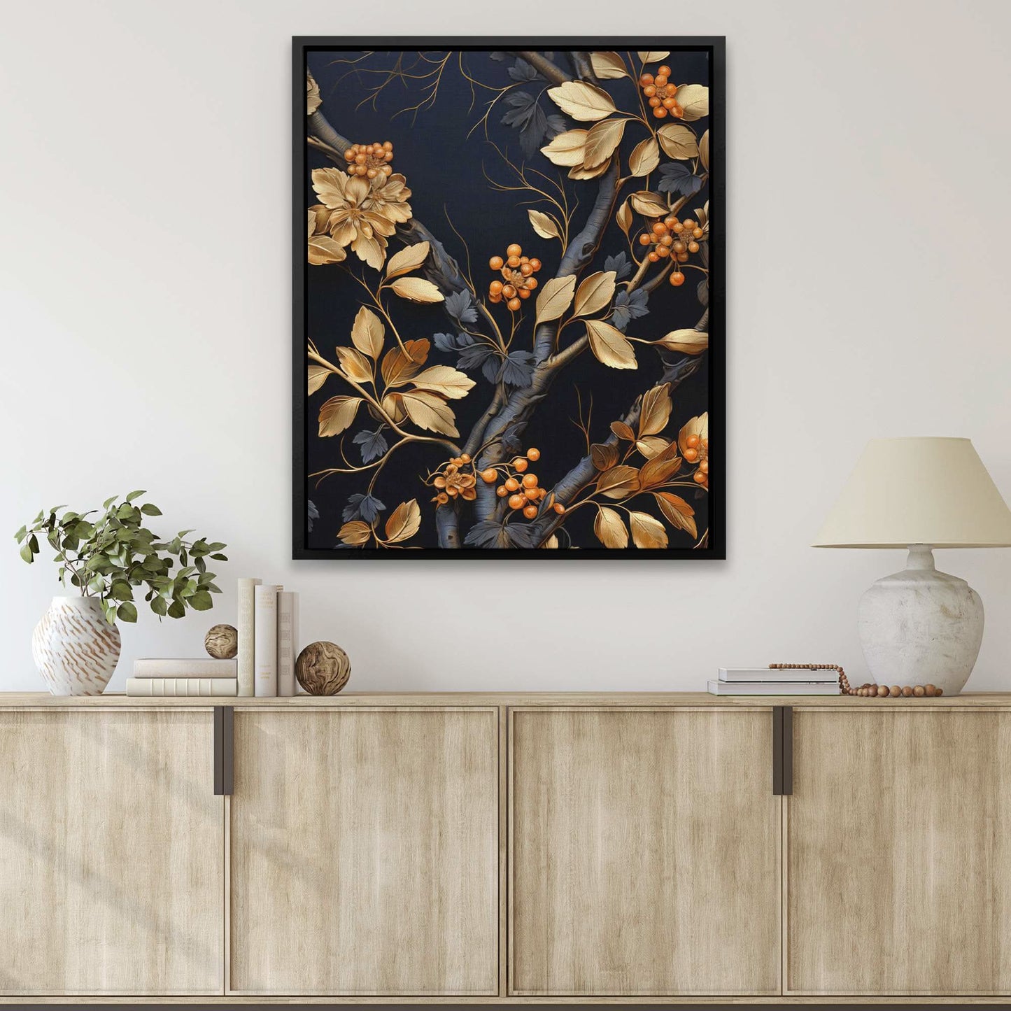 Gold Berries - Abstract Wall Art in Black Frame
