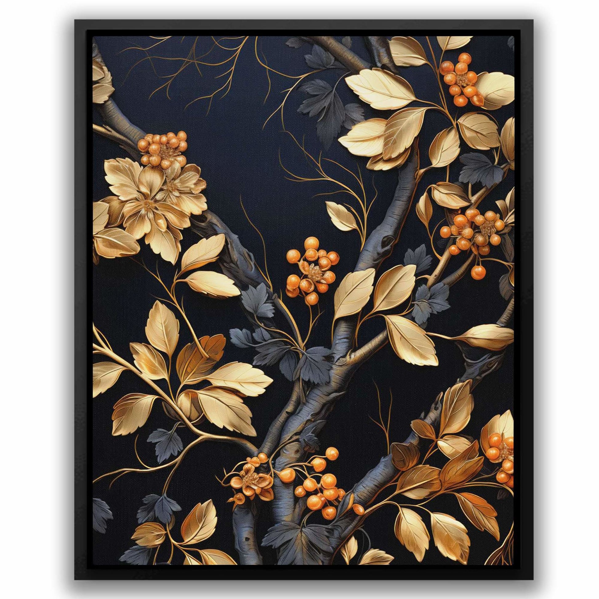 Gold Berries - Vertical Wall Art in Black Frame