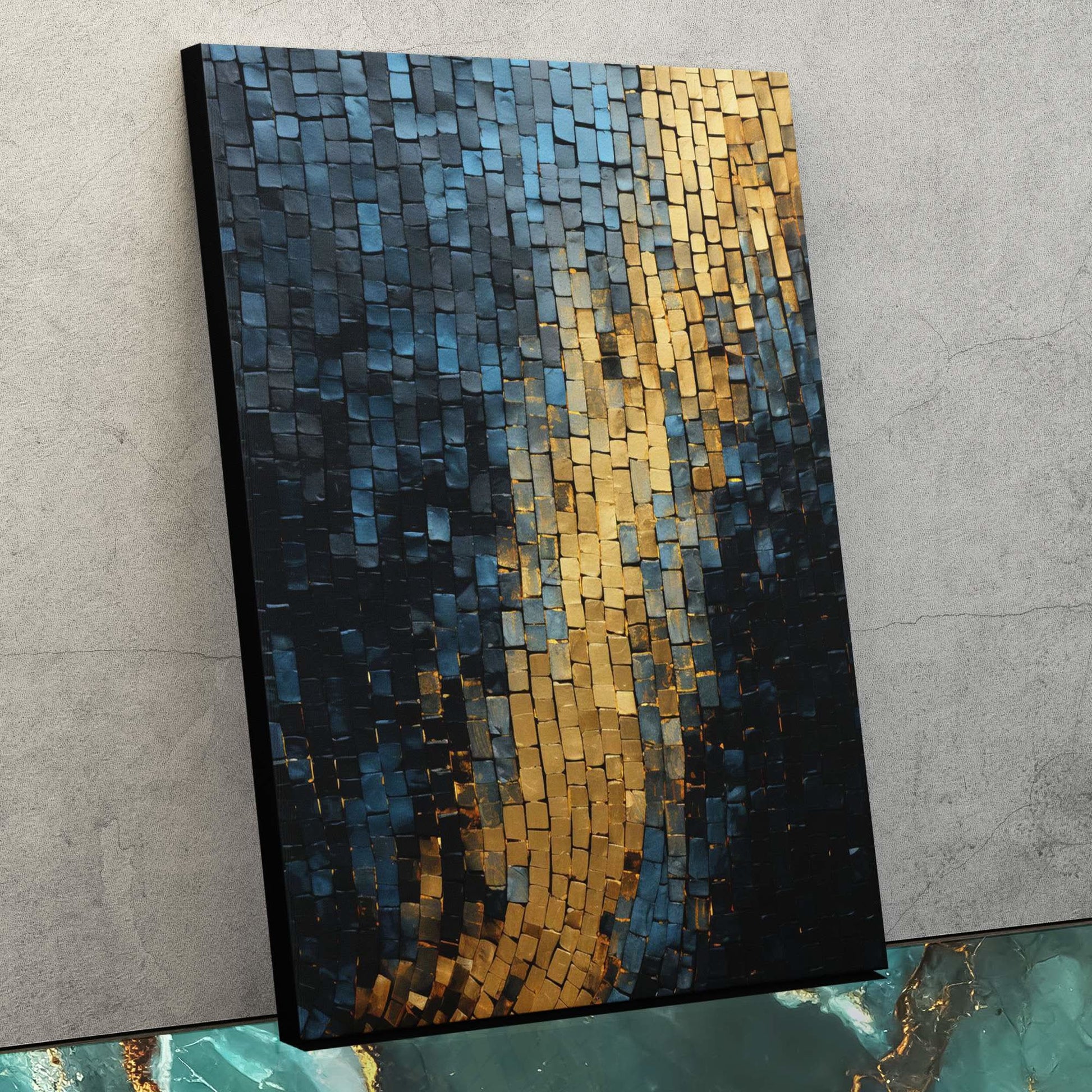 Gold Blue Checkers - Vertical Art for Bathroom