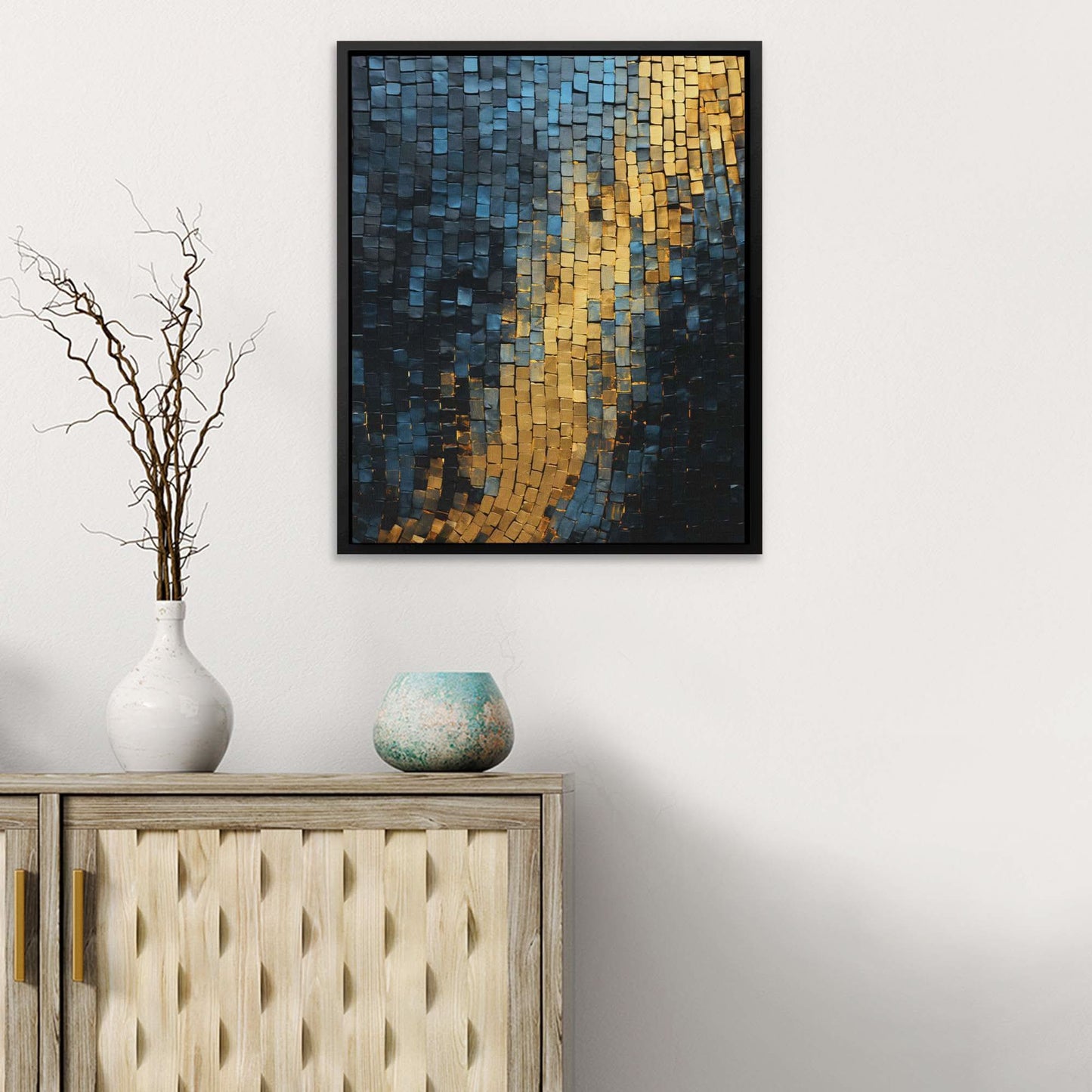 Gold Blue Checkers - Abstract Wall Art in Black Frame