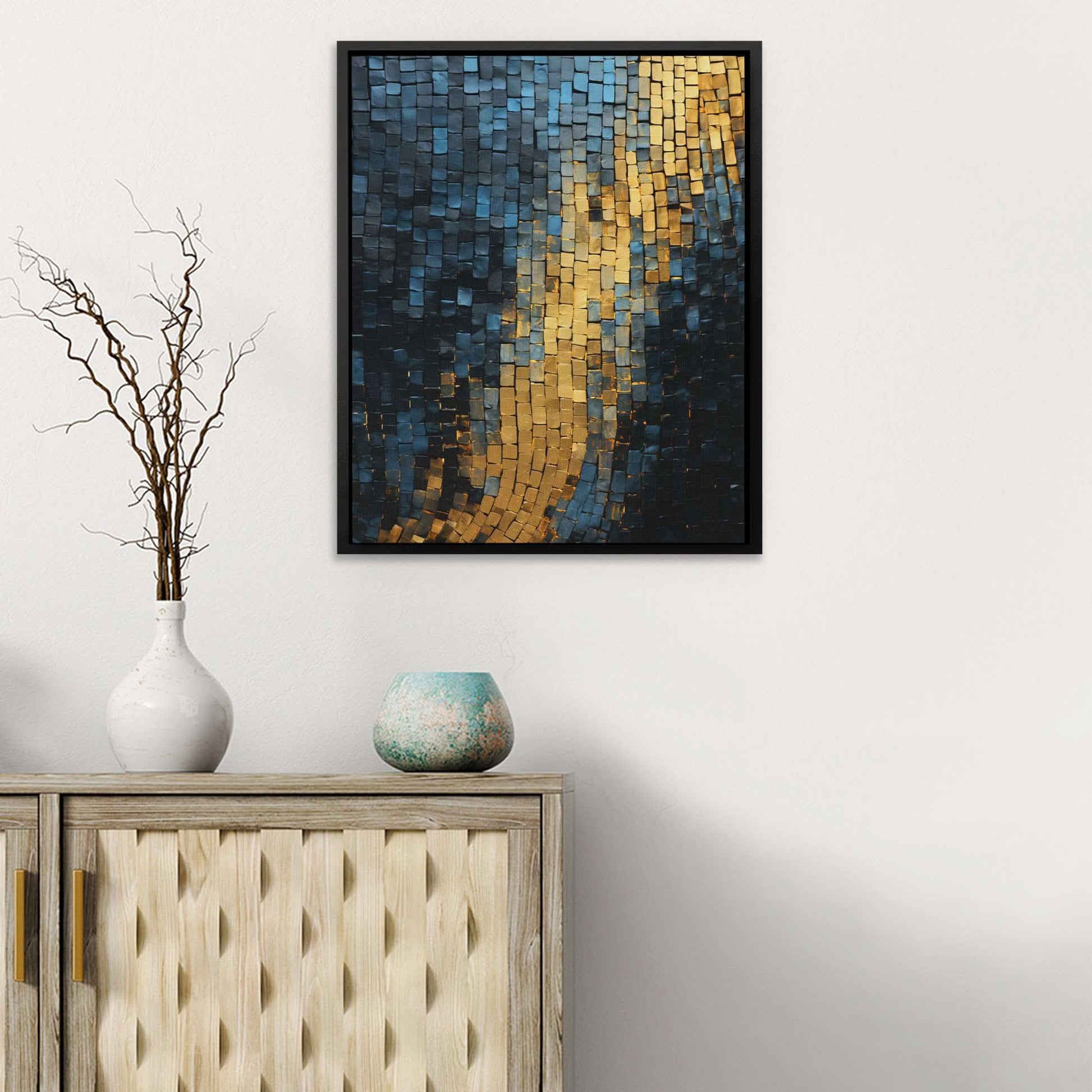 Gold Blue Checkers - Abstract Wall Art in Black Frame