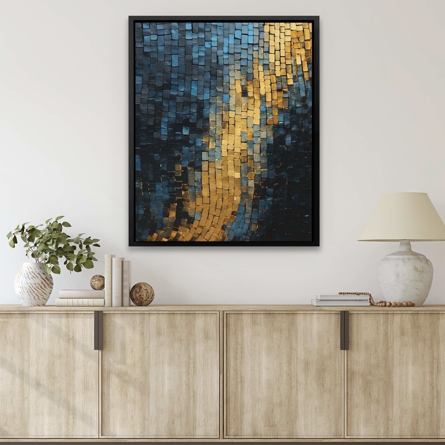 Gold Blue Checkers - Vertical Wall Art in Black Frame