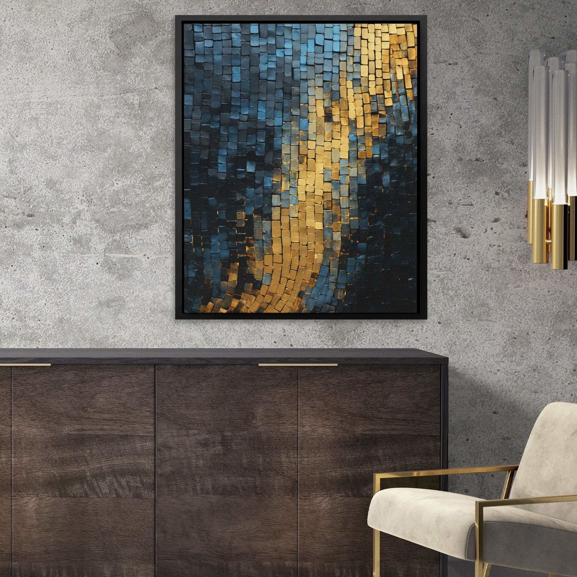 Gold Blue Checkers - Large Abstract Canvas Print