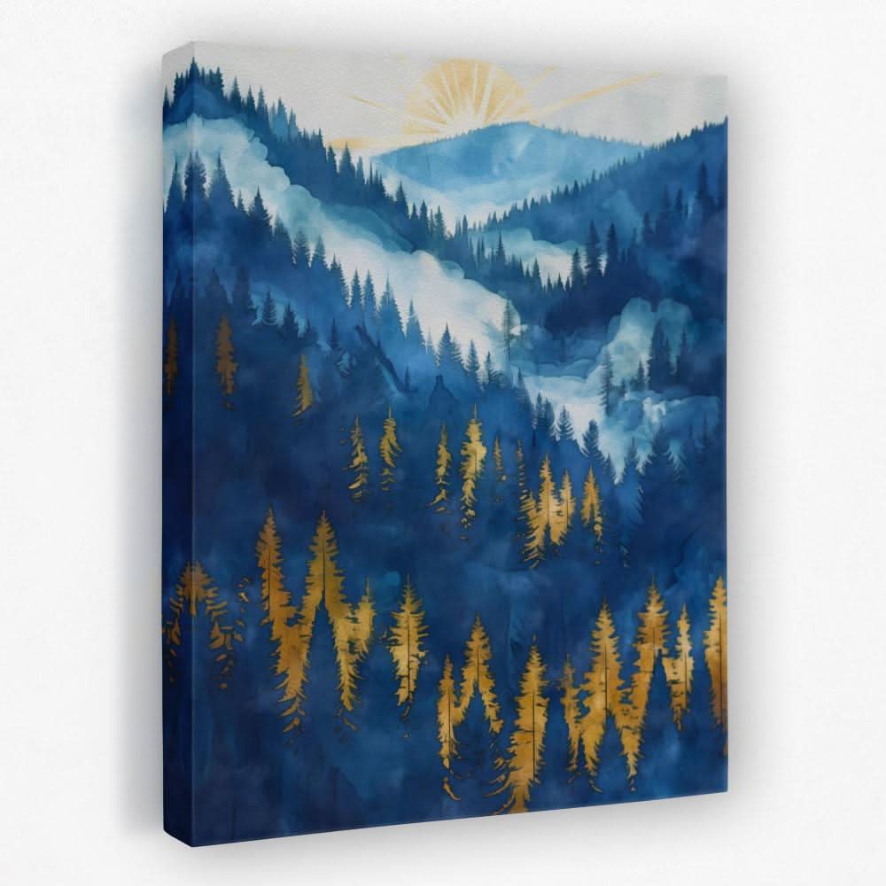 Gold Blue Forest Hills - Blue Gold and White Canvas Wall Art