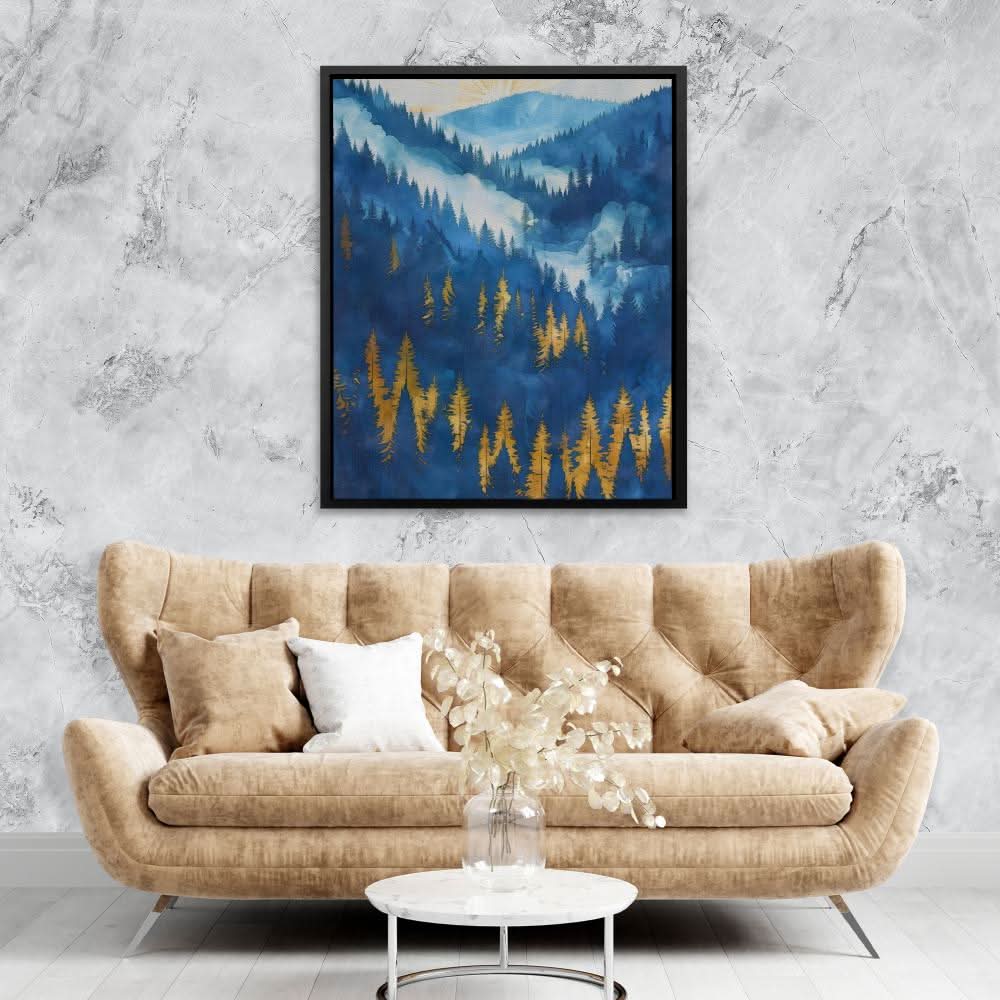 Gold Blue Forest Hills - Wall Art in Black Frame