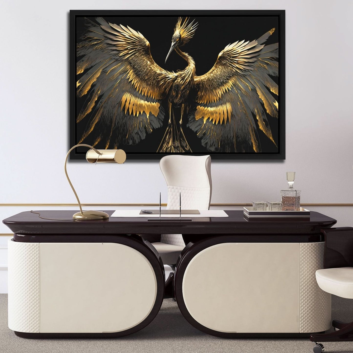 Gold Crane Dance - Black Canvas Wall Art