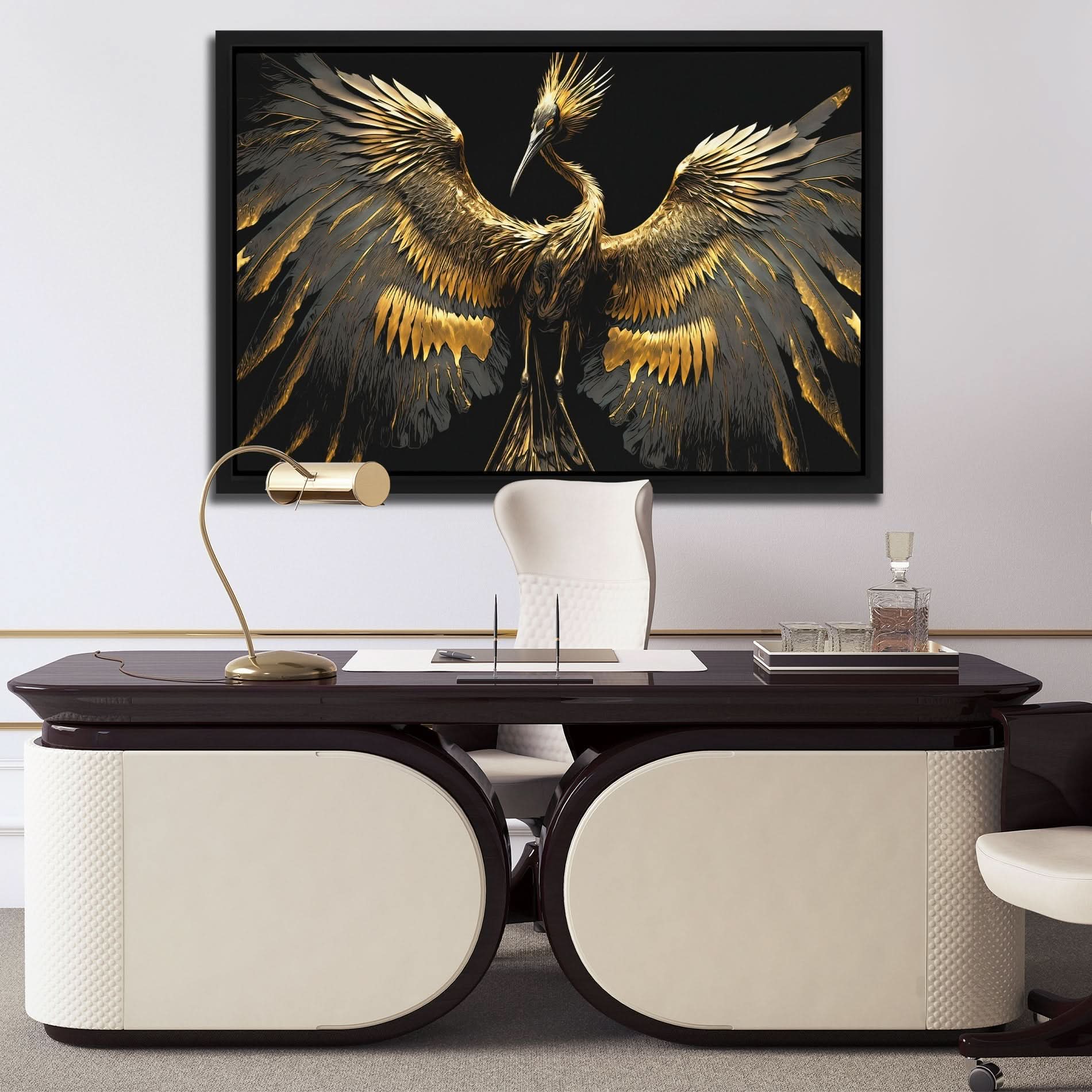 Gold Crane Dance - Black Canvas Wall Art