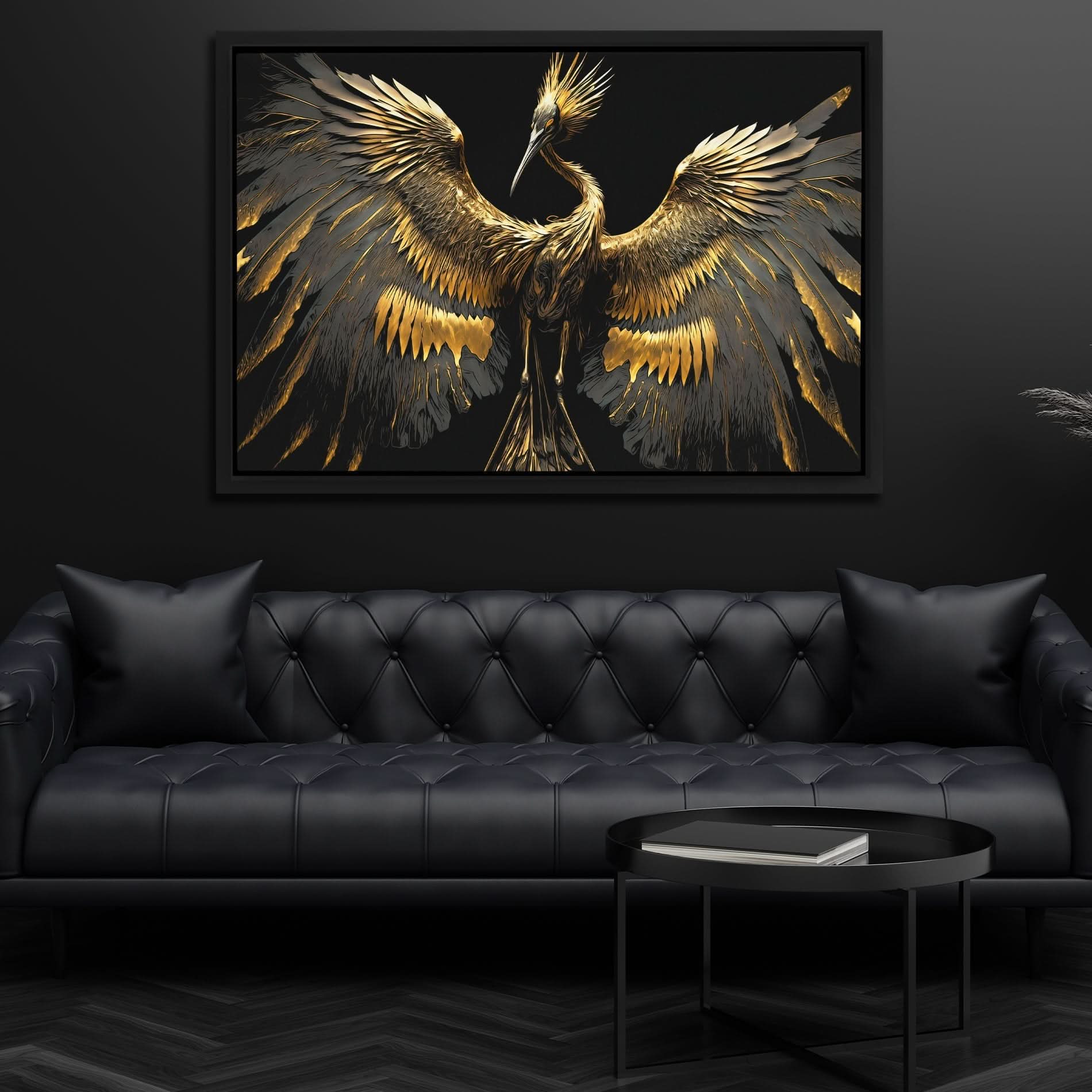 Gold Crane Dance - Black Crane Canvas Print