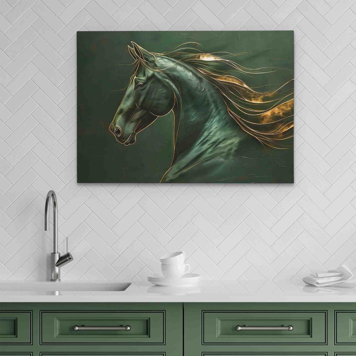 Gold Emerald Horse - Abstract Wall Art in Black Frame