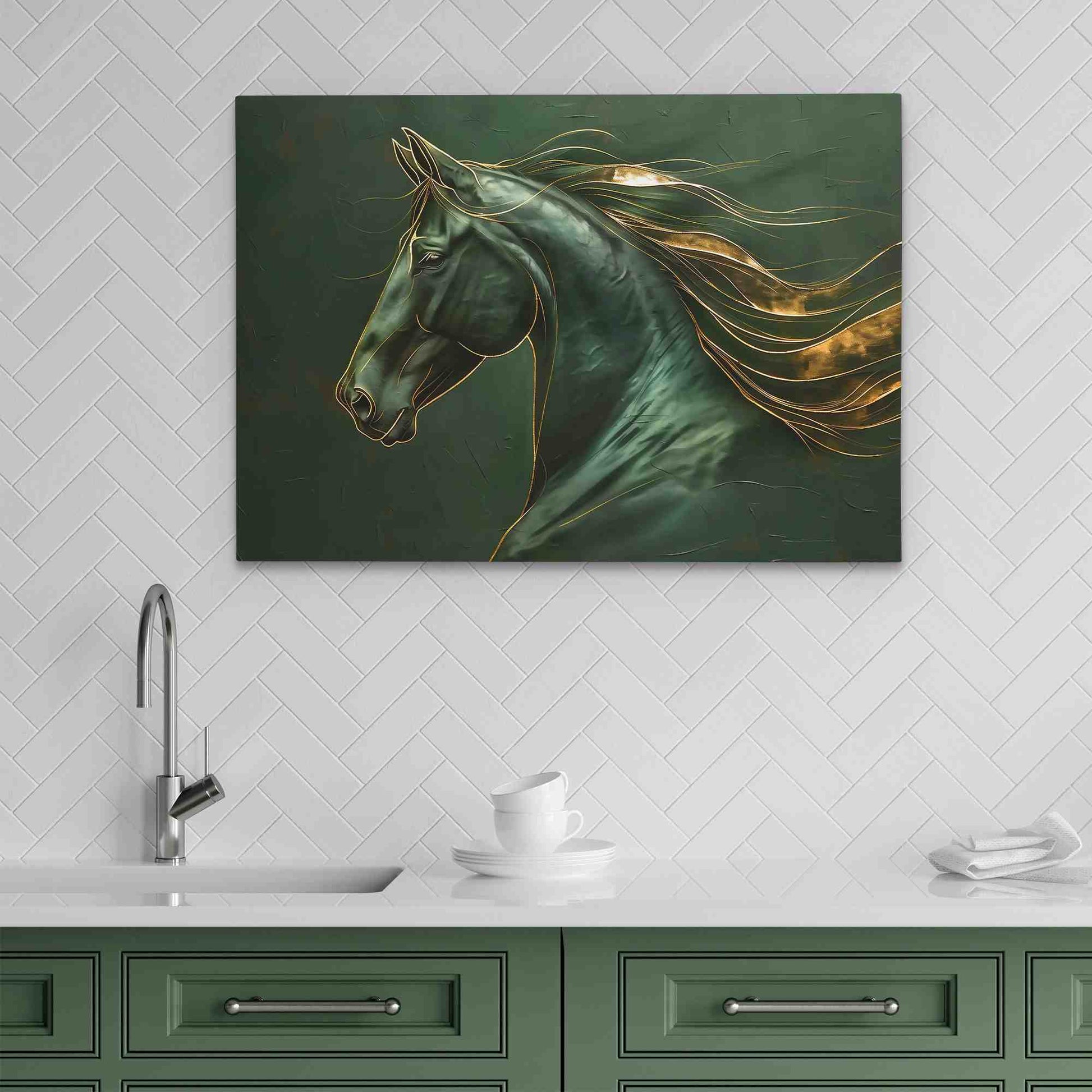 Gold Emerald Horse - Abstract Wall Art in Black Frame