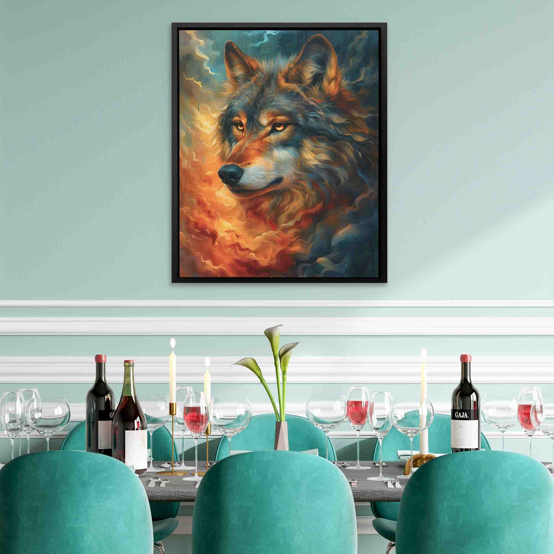 Gold Eyed Wolf - Clouds Wall Art in Black Frame