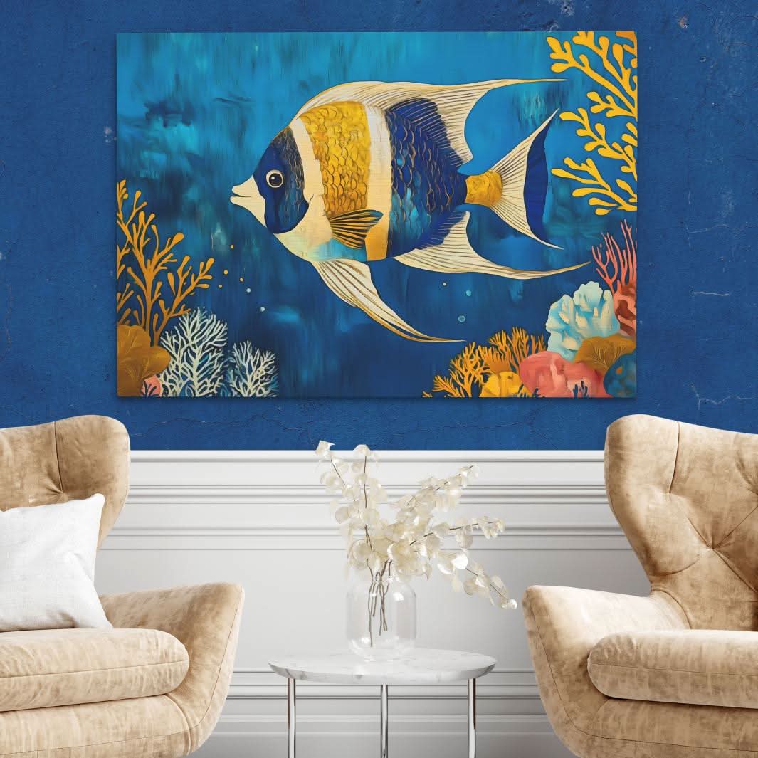 Gold-Finned Wanderer - Blue Wall Art for Kitchen