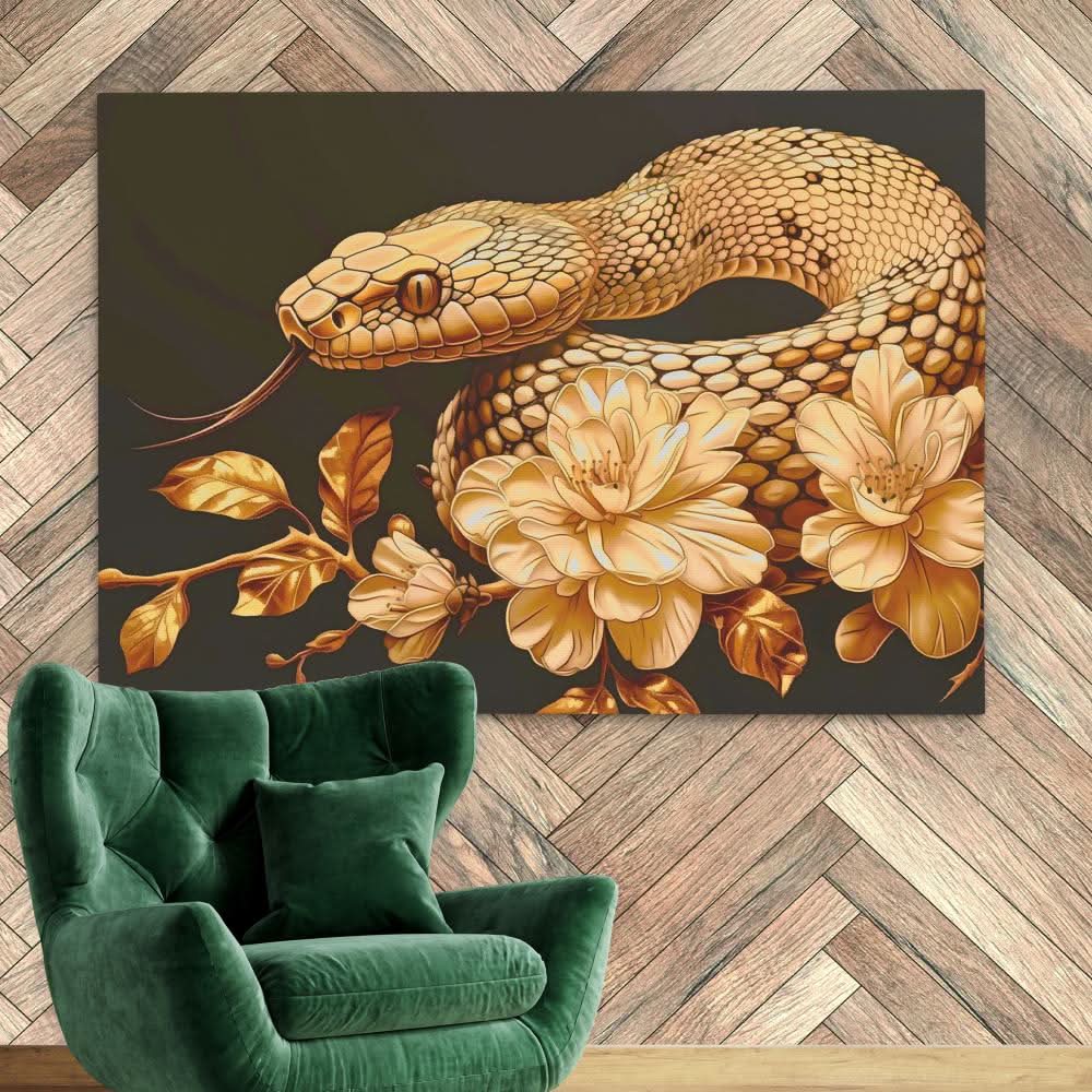 Gold Floral Snake - Reptile Wall Art in Black Frame