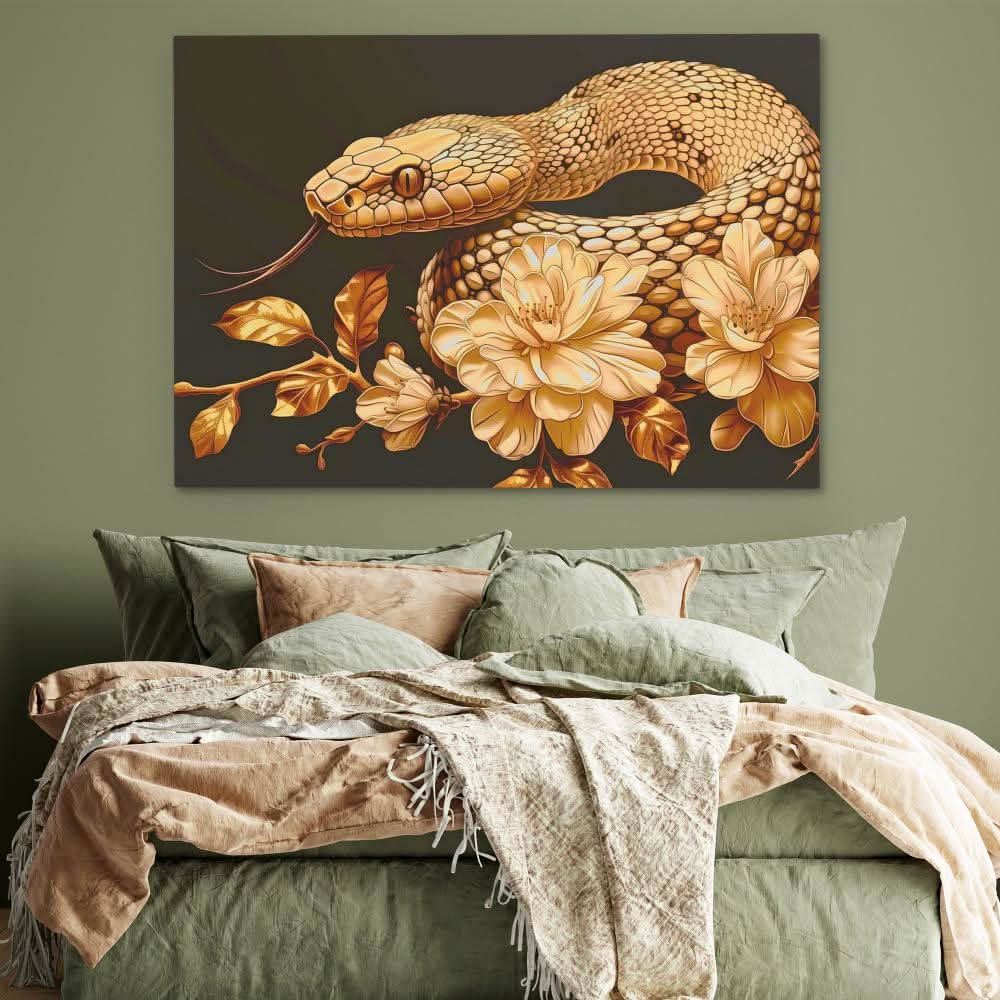Gold Floral Snake - Modern Wall Art in Black Frame