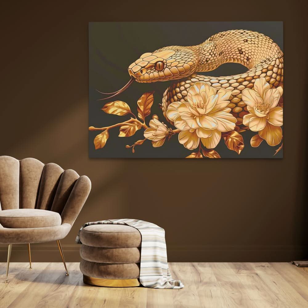 Gold Floral Snake - Modern Black and Gold Canvas Wall Art