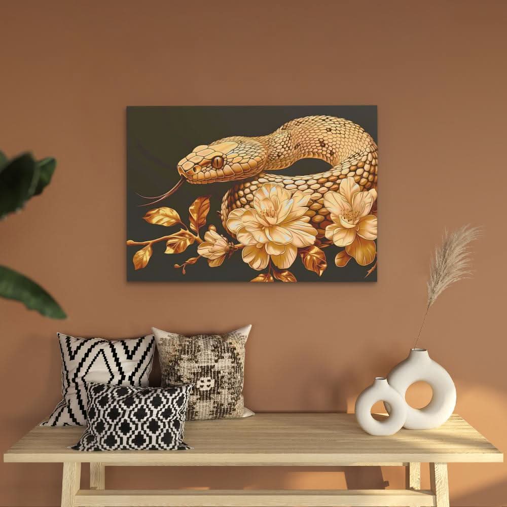 Gold Floral Snake - Black and Gold Reptile Canvas Print