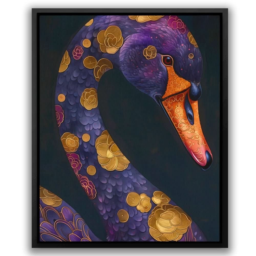 Gold Floral Swan - Black and Gold Bird Canvas Print