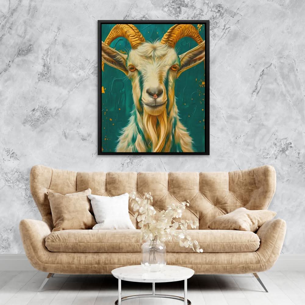 Gold Goat Horns - Emerald Wall Art in Black Frame