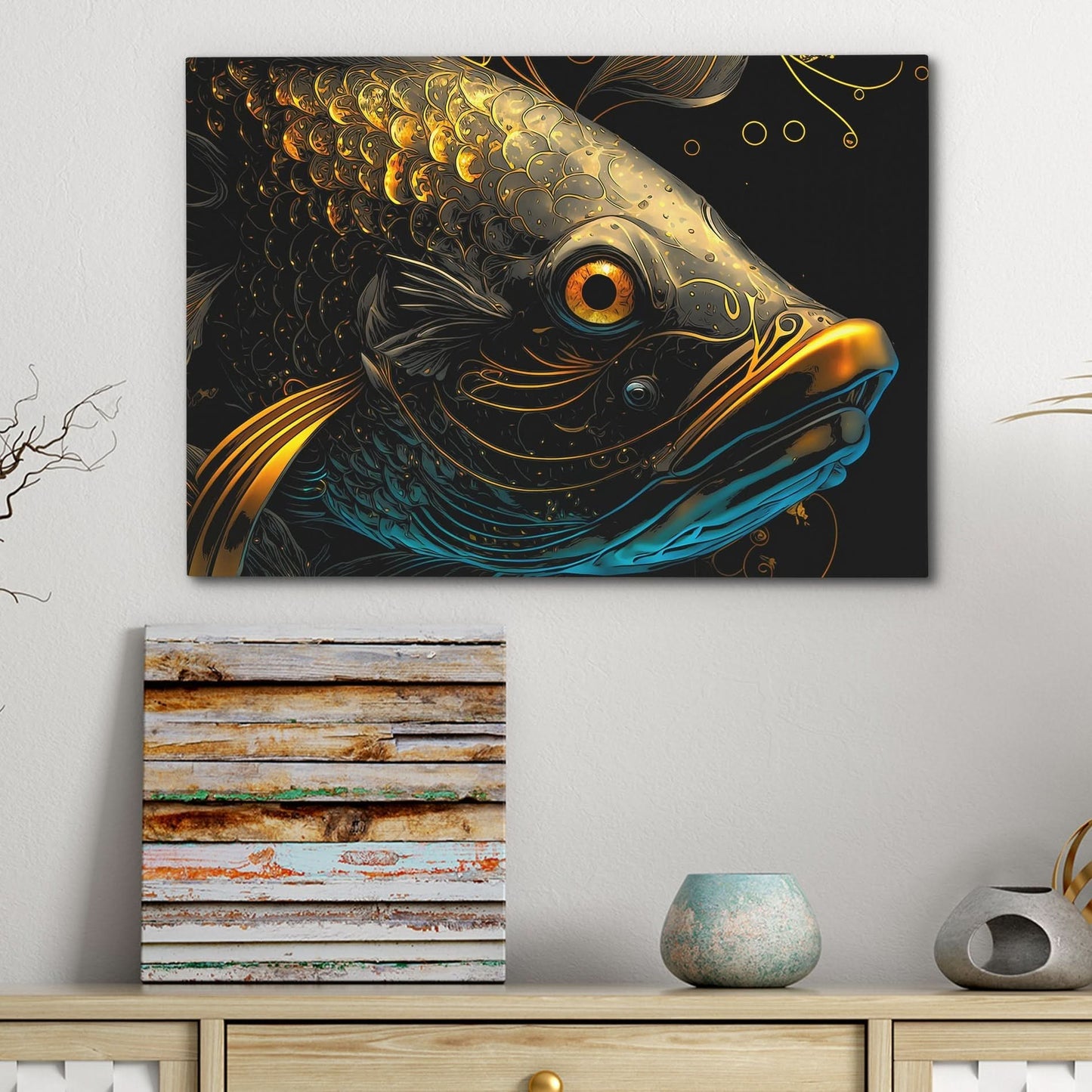 Gold Koi - Black Fish Canvas Print