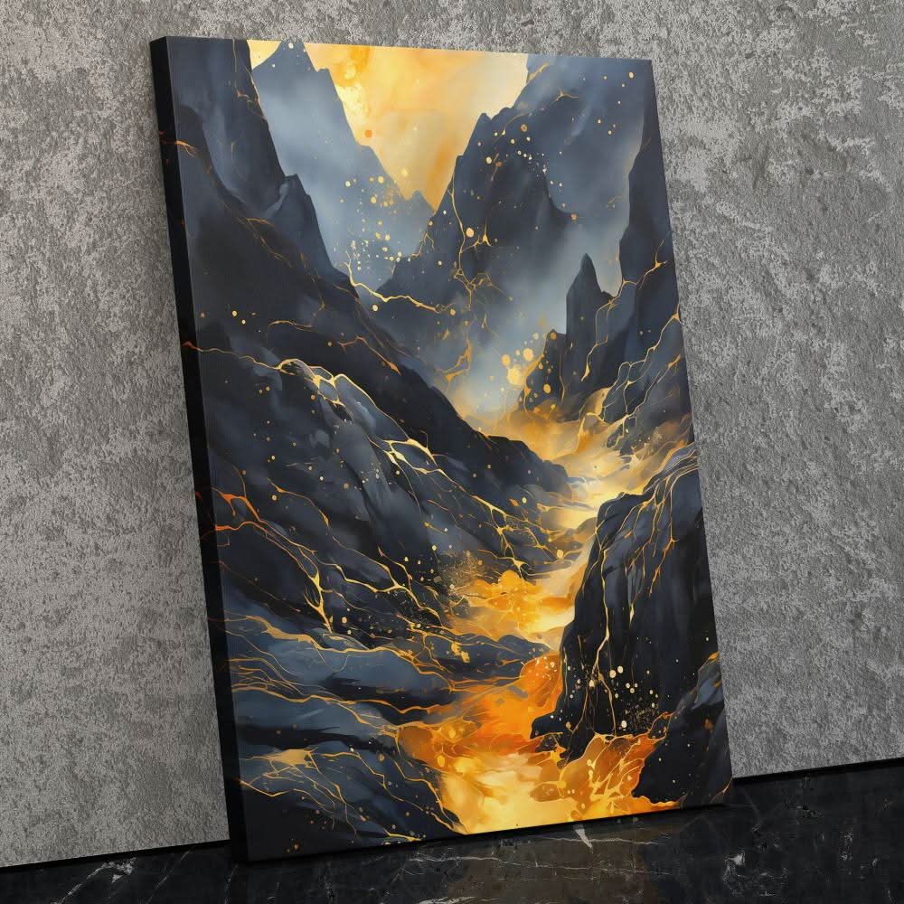 Gold Lava Eruption - Mountain Wall Art in Black Frame